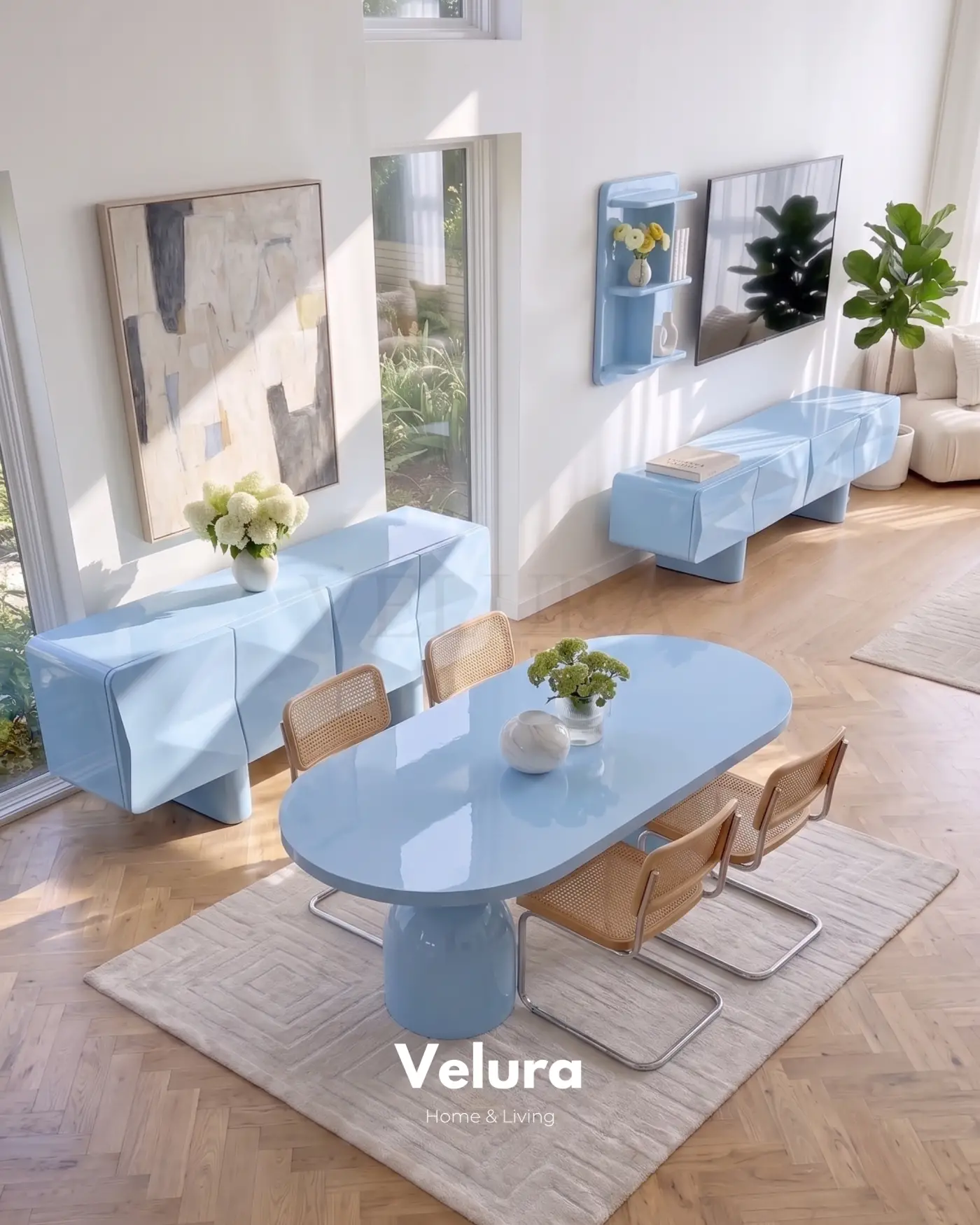 Lura açık mavi modern yemek odası takımı