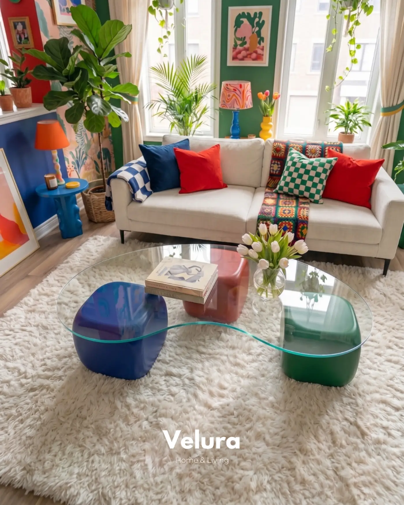 Kare şeffaf camlı sarı yeşil kırmızı mavi zar gövdeli orta sehpa modeli
