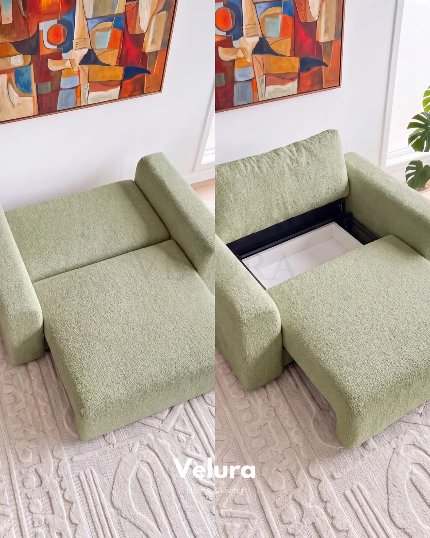 İki ayrı yatak alanına dönüşen yeşil koltuk takımı