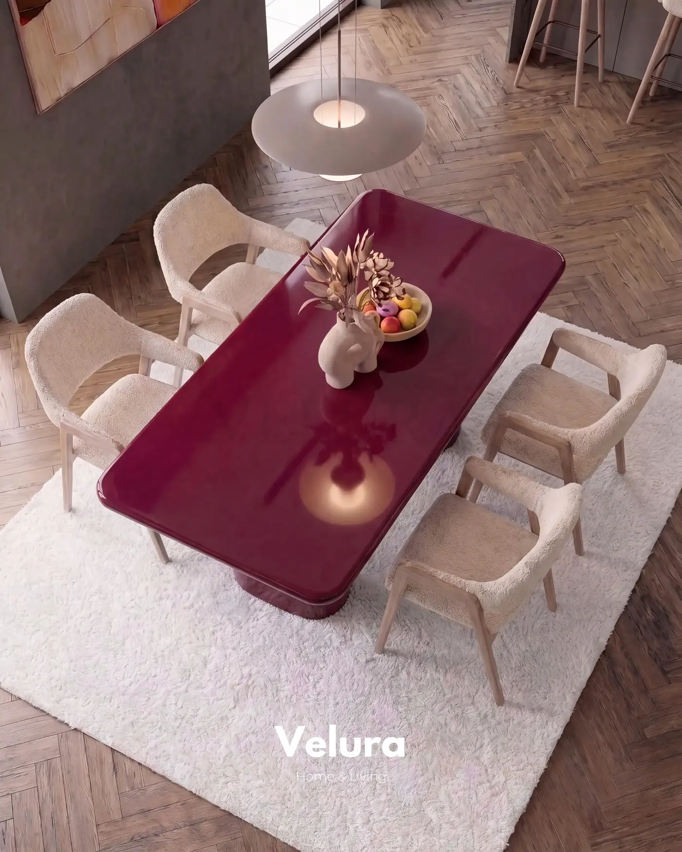Vel Yemek Masası bordo MDF tabla ve fiberglas ayak tasarımı
