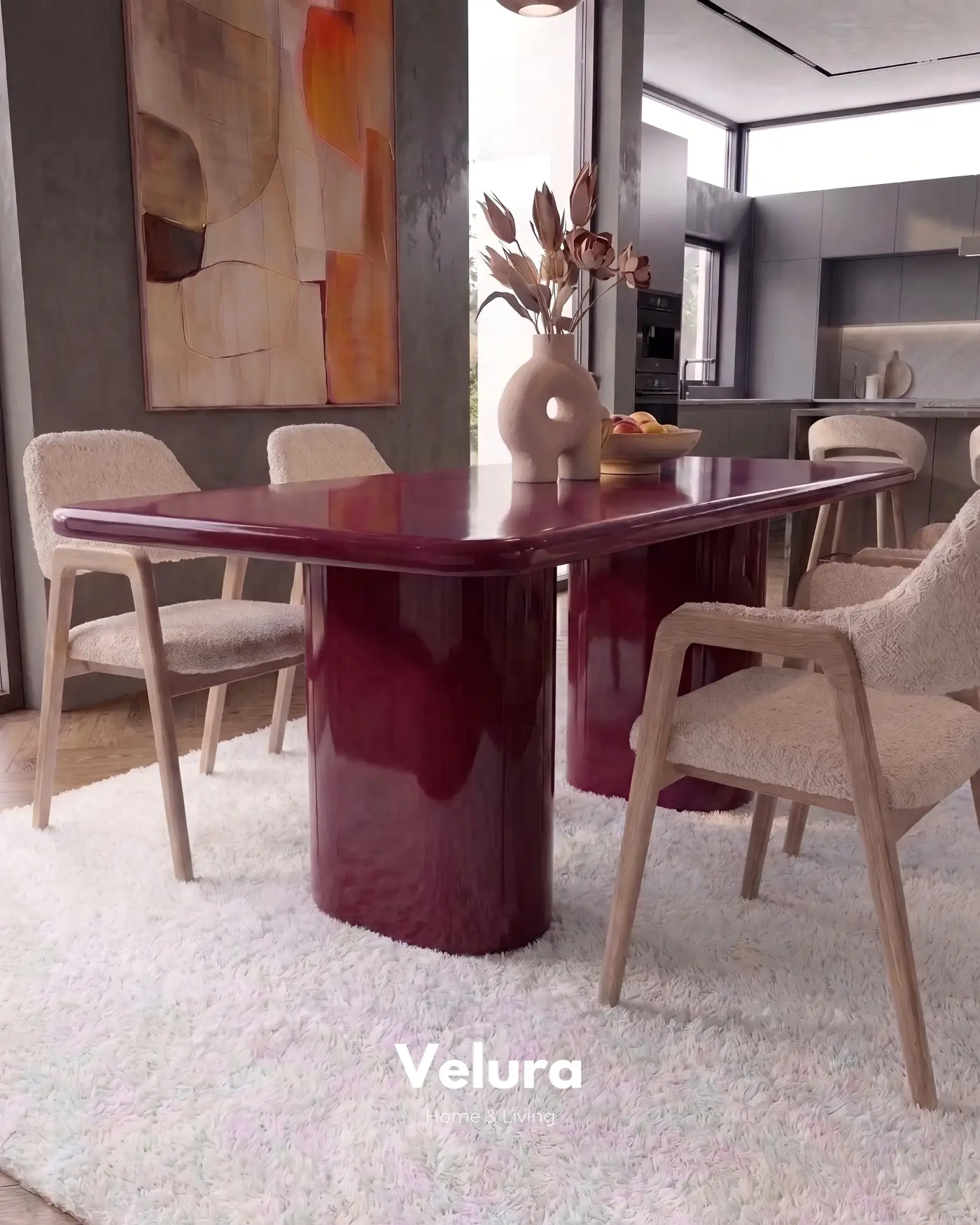 Vel Yemek Masası bordo MDF tabla ve fiberglas ayak tasarımı