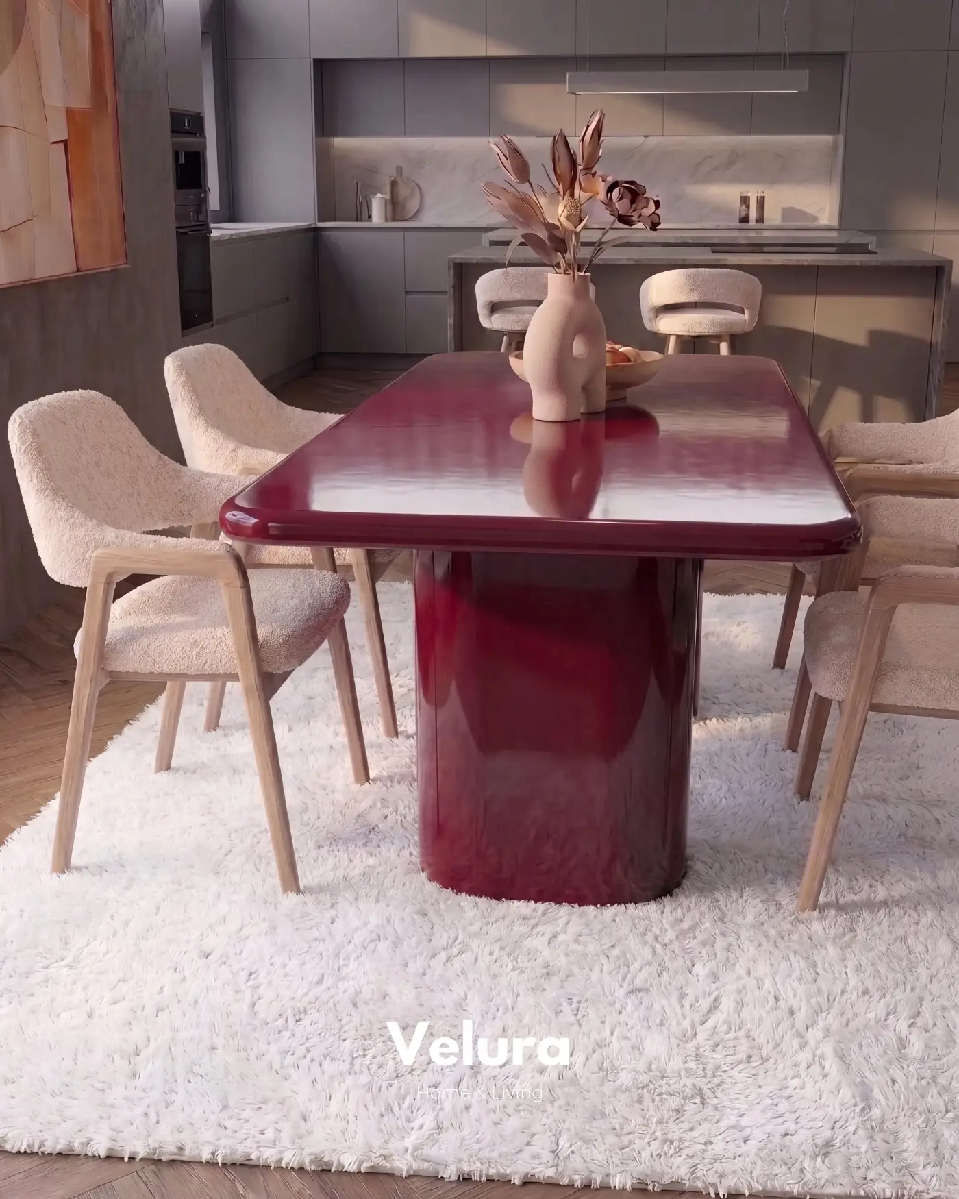 Vel Yemek Masası bordo MDF tabla ve fiberglas ayak tasarımı