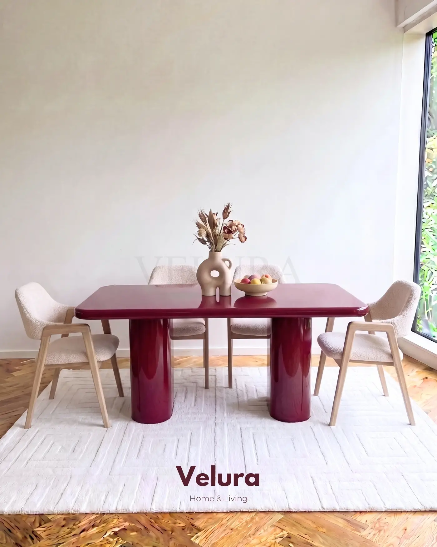 Vel Yemek Masası bordo MDF tabla ve fiberglas ayak tasarımı