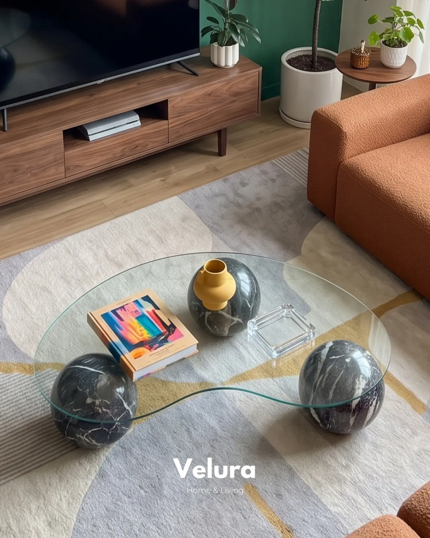 Venato Mermer Desenli Küre Ayaklı Şeffaf Cam Orta Sehpa