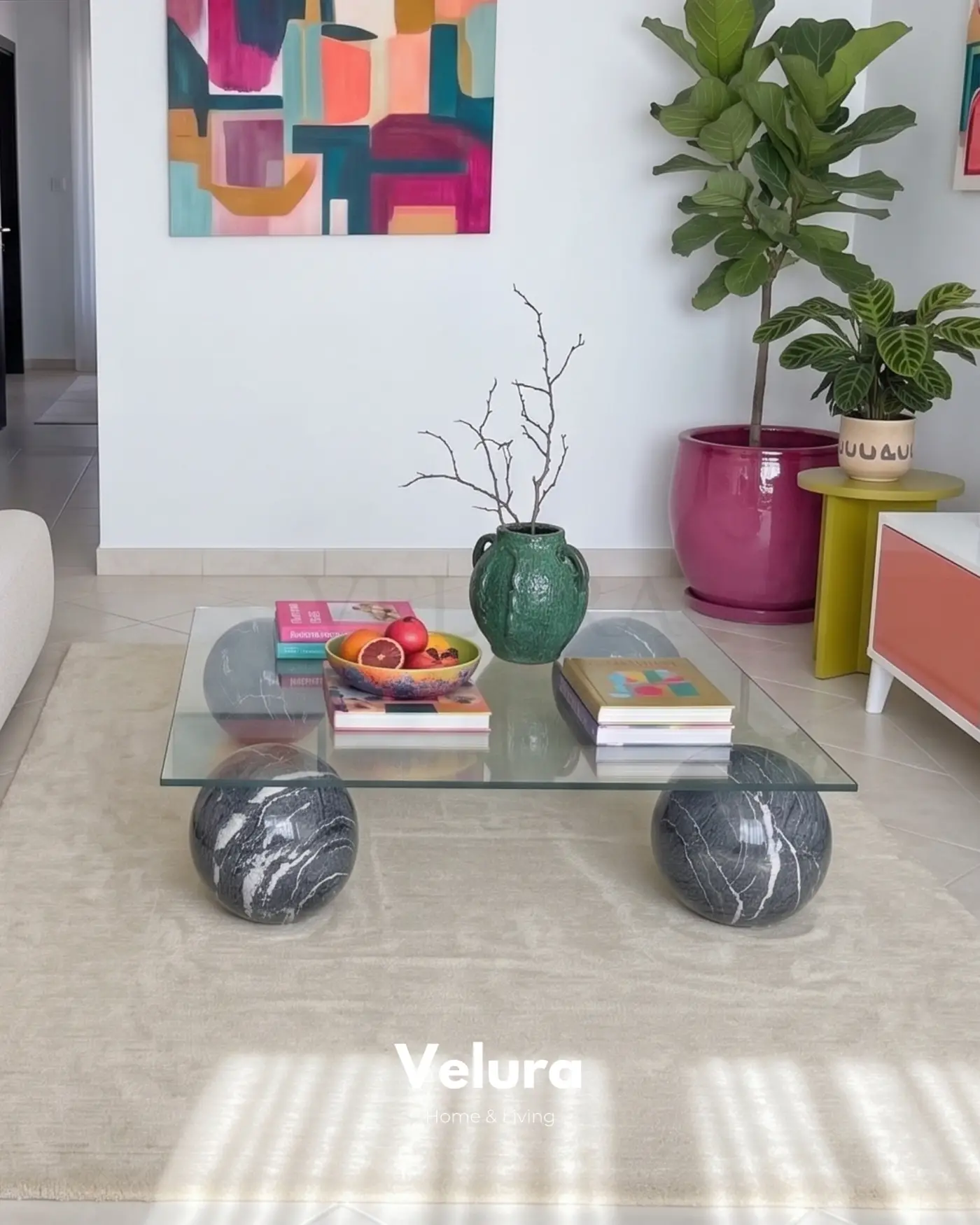 100 cm Kare Şeffaf Cam Modern Küre Orta Sehpa