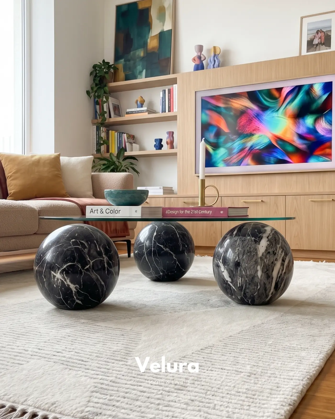 Koyu Antrasit Beyaz Damarlı Venato Yuvarlak Orta Sehpa