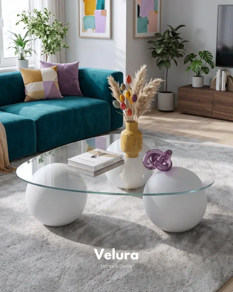 Küre Orta Sehpa - Beyaz Top - Üçgen - Şeffaf Cam