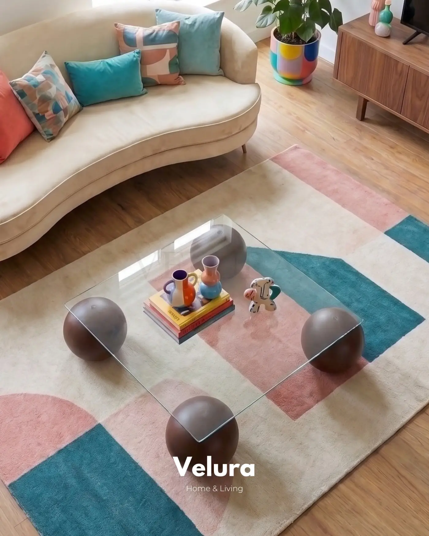 Modern Salon İçin Koyu Ceviz Küre Ayaklı Şeffaf Cam Sehpa
