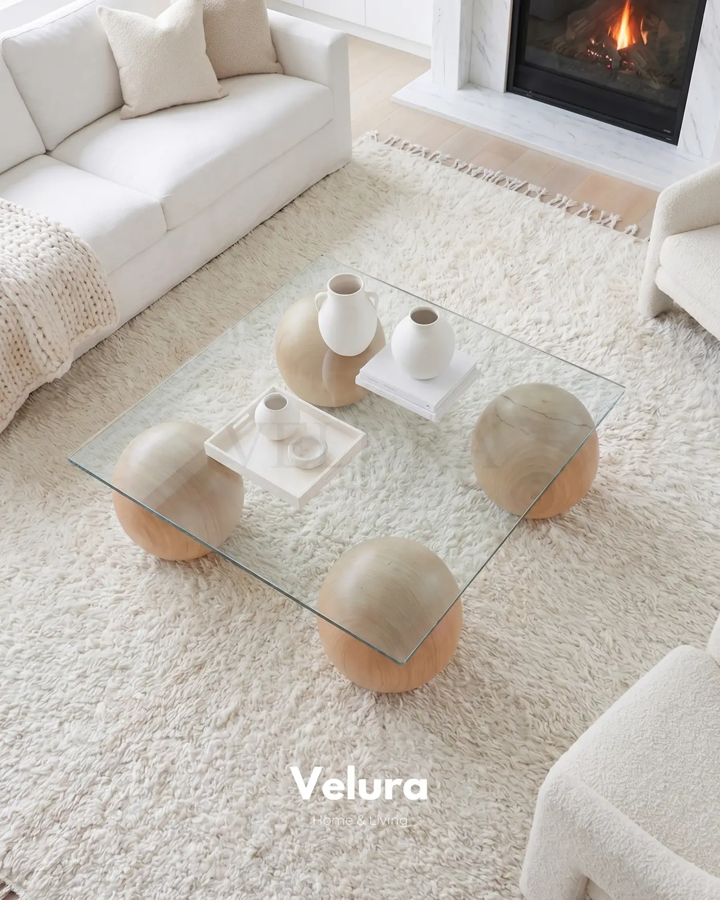 Meşe Küre Ayaklı Kare Şeffaf Cam Orta Sehpa