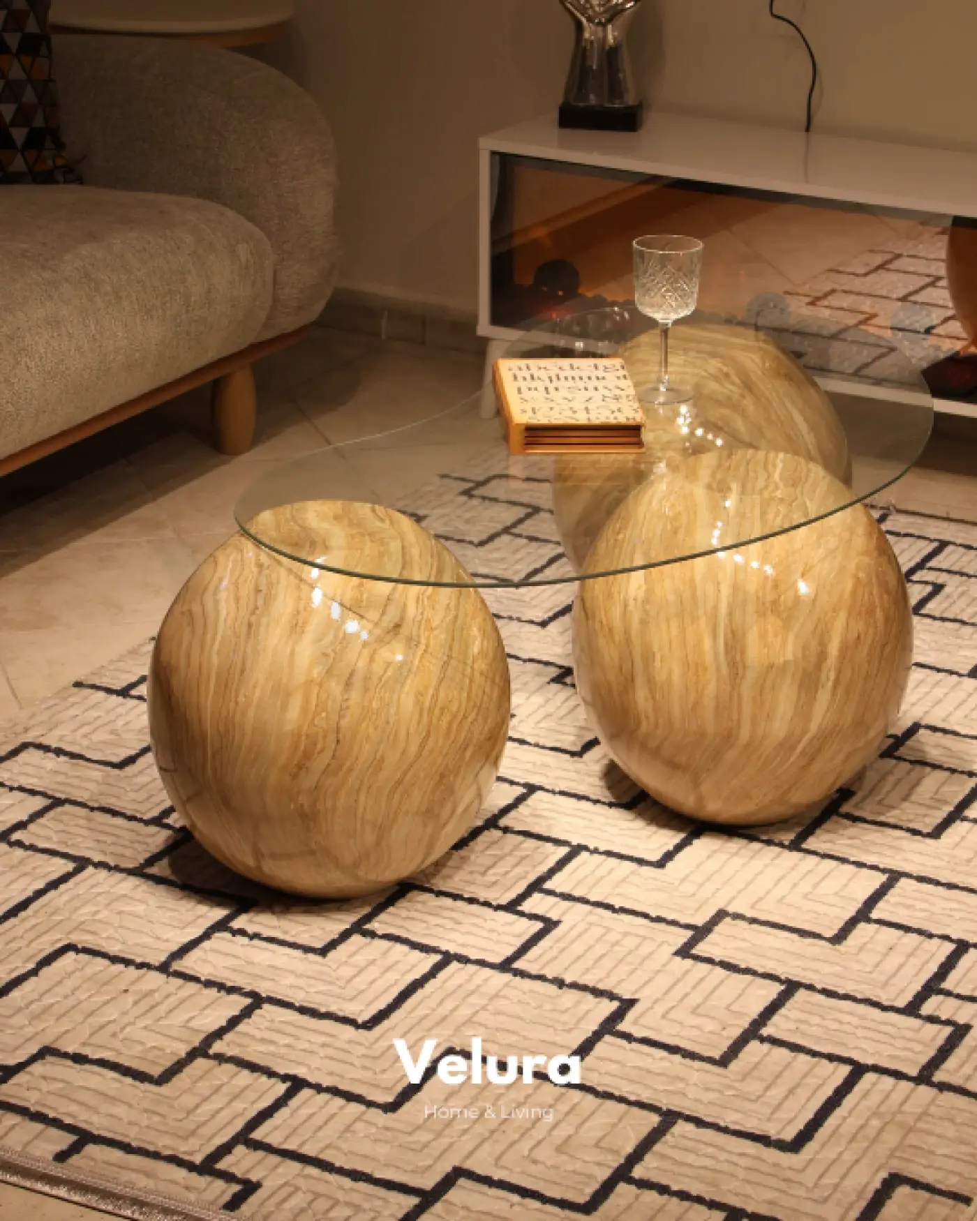 41 cm Traverten Sehpa Şeffaf Cam - Velura Home