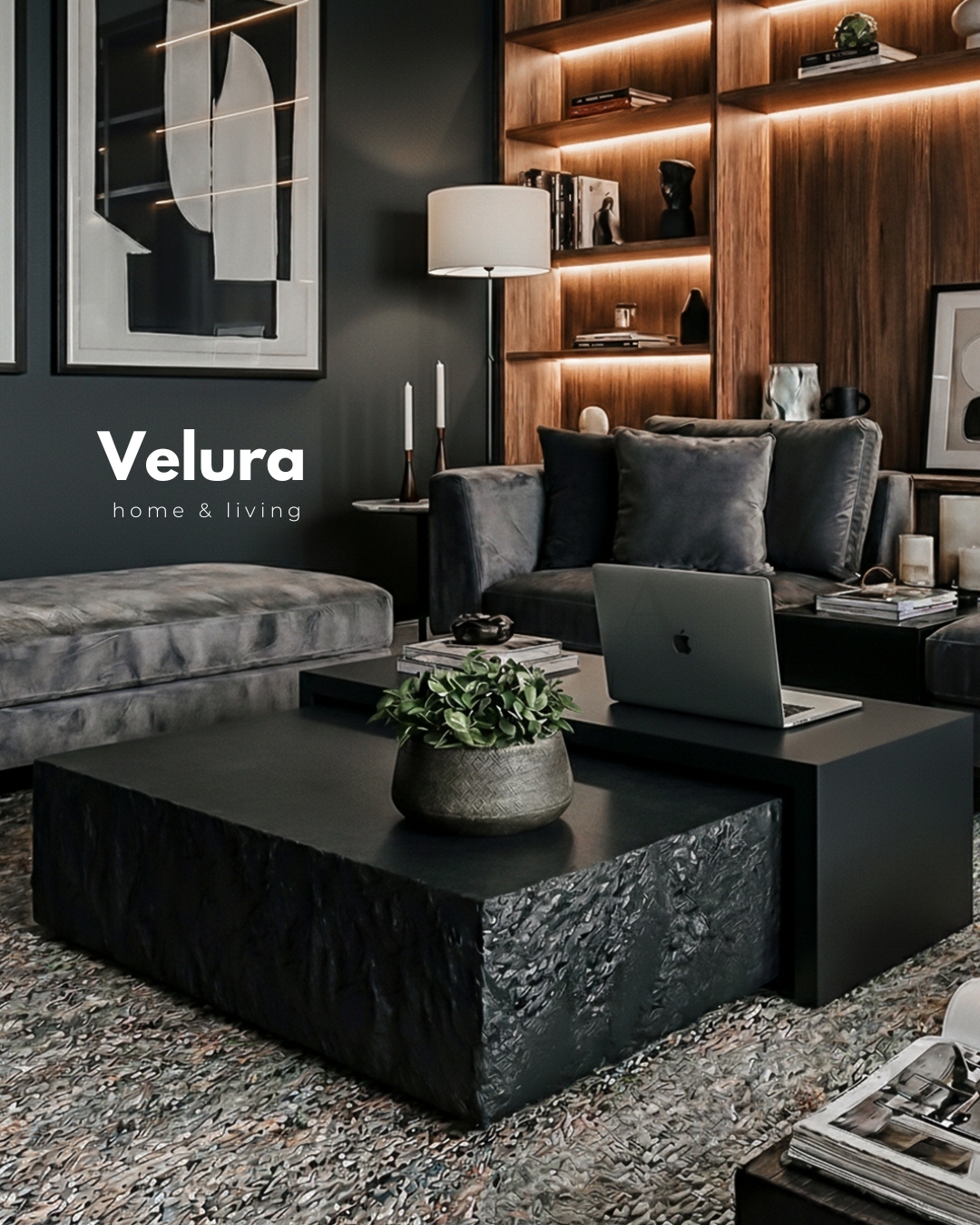 Siyah taş yüzeyli siyah gövdeli Nora orta sehpa 80x80