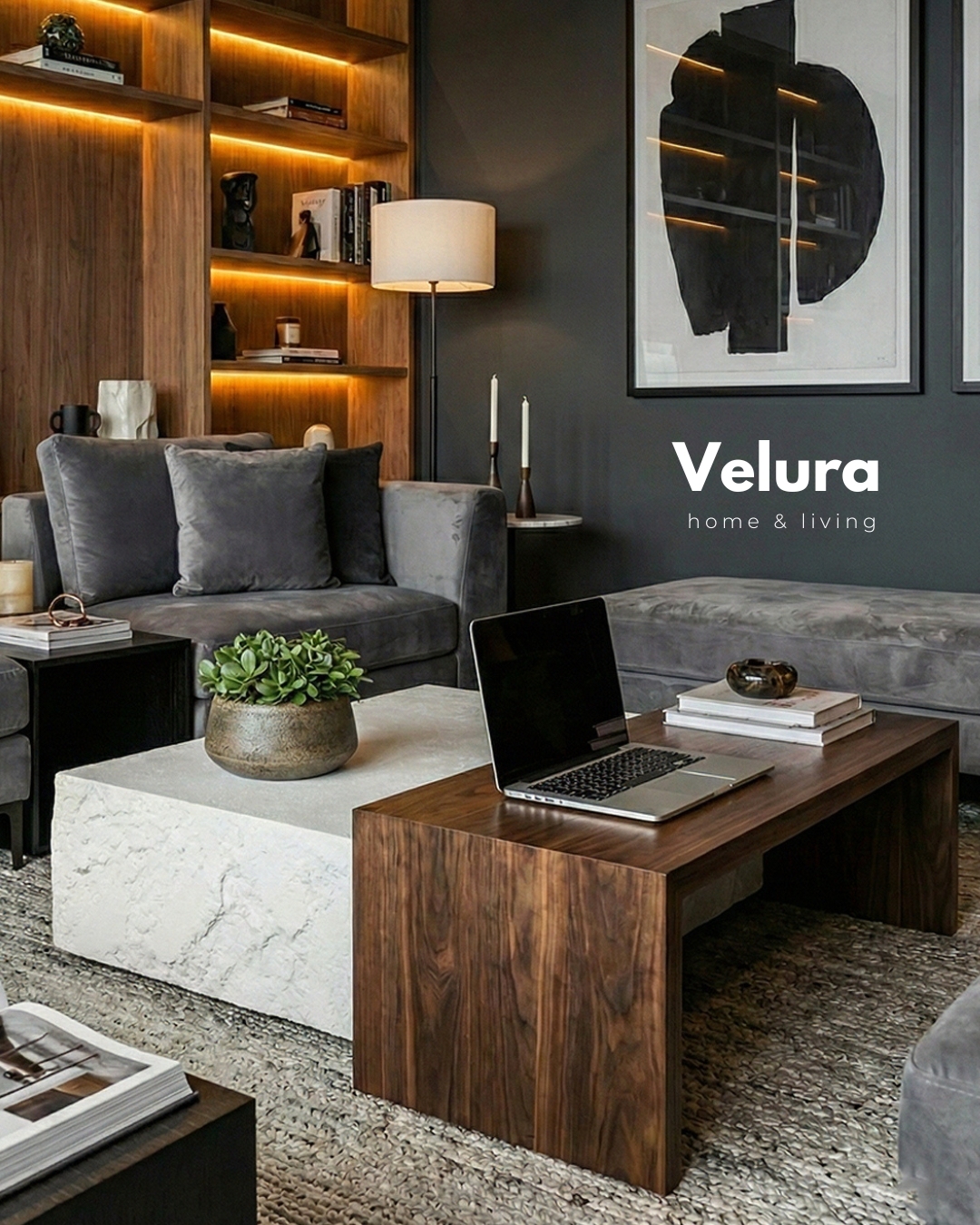Siyah taş yüzeyli siyah gövdeli Nora orta sehpa 80x80